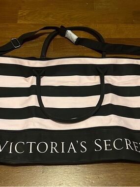 Victoria's Secret Black and Blush Pink Striped Weekender